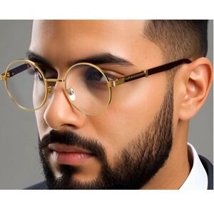 Round Glasses Gold Frame Wood Accent Clear Lens Men's Fashion‎ Hip Hop Festival